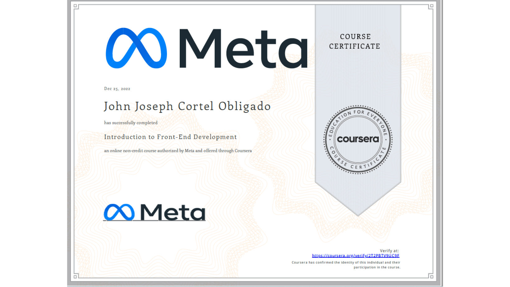 Joseph Meta front end certificate