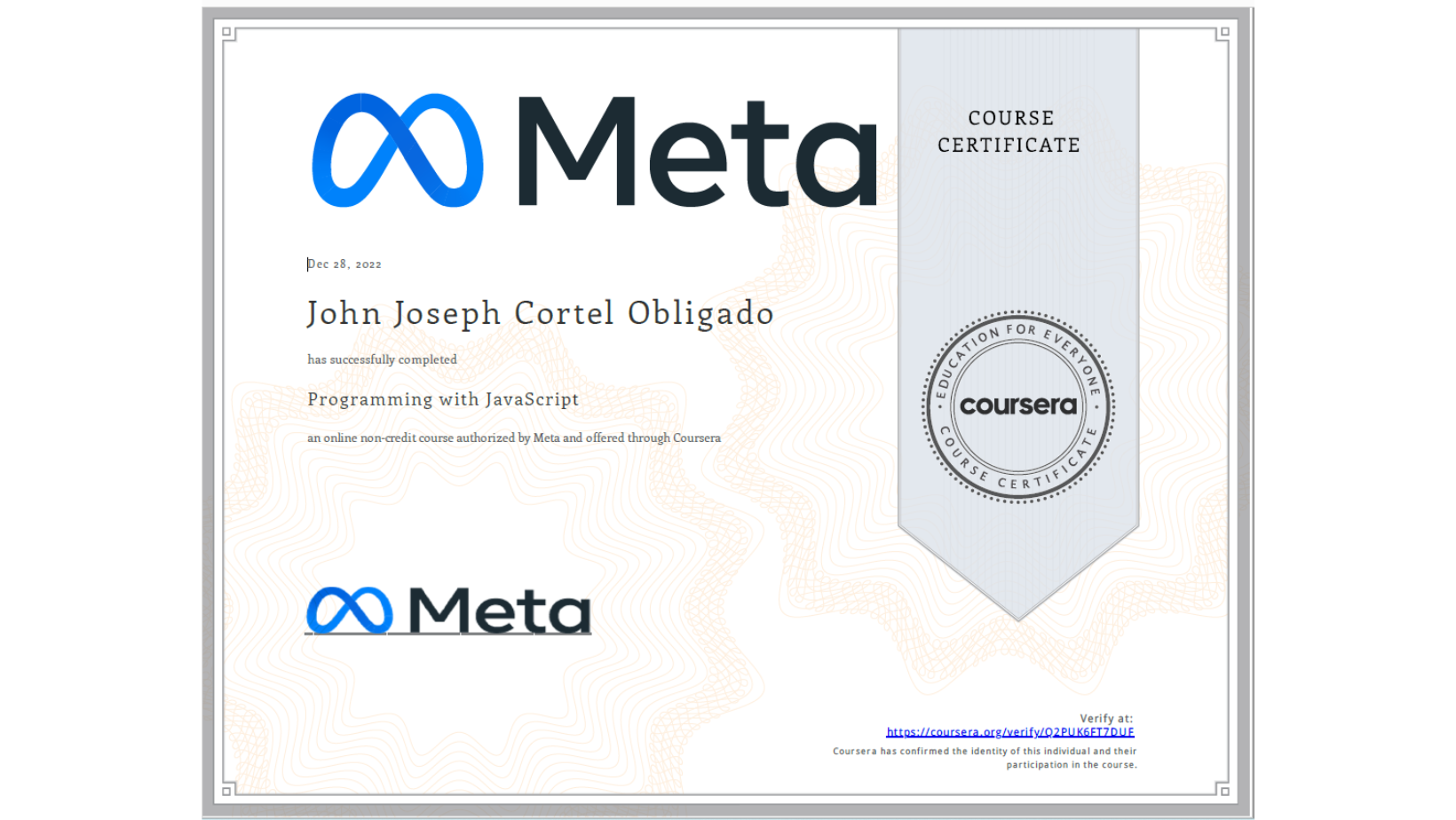 joseph Meta JavaScript certificate